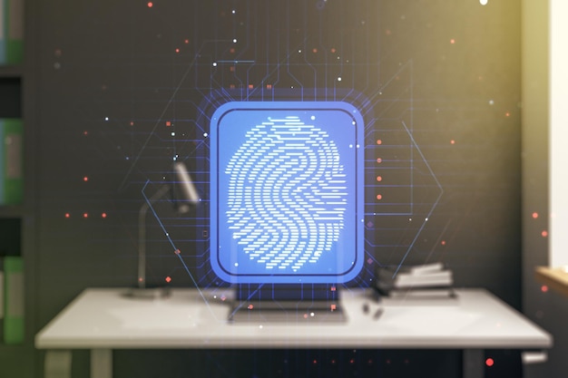 Doble exposición de holograma creativo abstracto de huellas dactilares y escritorio moderno con computadora en la protección de fondo del concepto de información personal