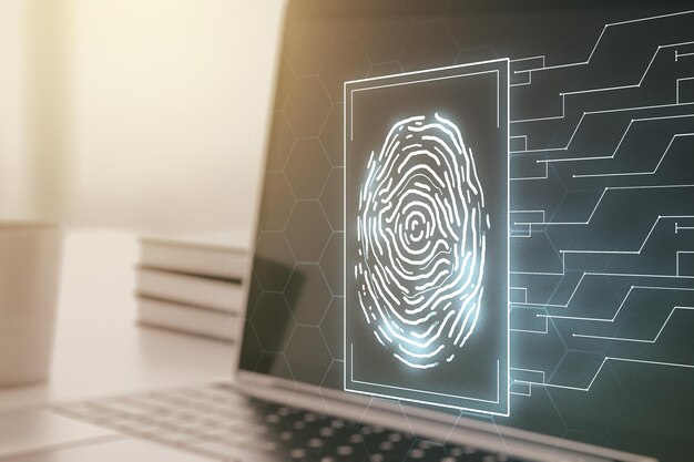 Doble exposición del holograma creativo abstracto de huellas dactilares en la protección de fondo de la computadora del concepto de información personal