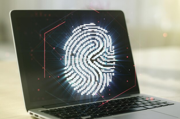 Doble exposición del holograma creativo abstracto de huellas dactilares en la protección de fondo de la computadora del concepto de información personal