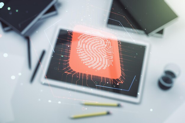 Doble exposición de un holograma creativo abstracto de huellas dactilares y una tableta digital moderna sobre la protección de fondo del concepto de información personal