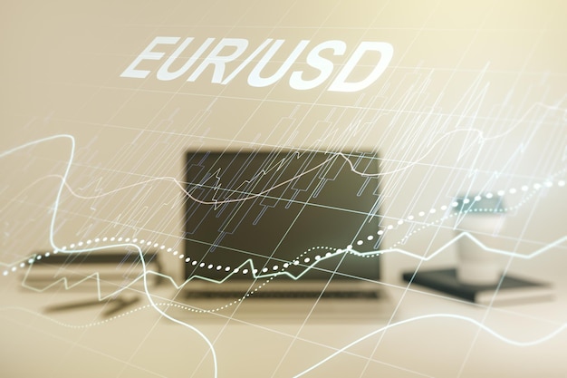 Doble exposición del holograma creativo del gráfico de divisas EURO USD en el fondo de la computadora portátil Concepto de banca e inversión