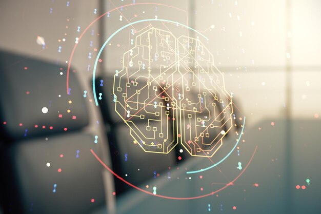 Doble exposición del holograma creativo del microcircuito del cerebro humano en un moderno fondo de sala de juntas Tecnología futura y concepto de IA