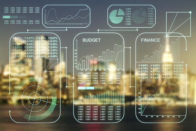 Doble exposición del holograma de datos estadísticos creativos abstractos en el concepto de pronóstico y análisis de fondo de edificios de oficinas borrosos