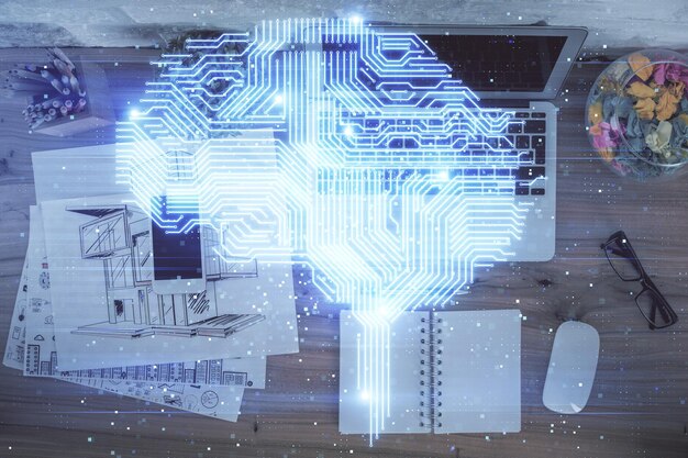 Doble exposición del holograma de dibujo del cerebro sobre el fondo de la mesa de trabajo de vista superior con computadora Concepto de big data