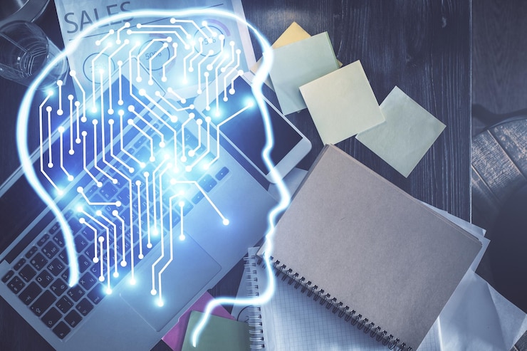 Foto doble exposición del holograma de dibujo del cerebro sobre el fondo de la mesa de trabajo de vista superior con computadora concepto de big data