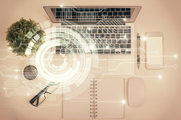 Doble exposición del holograma de dibujo de datos sobre la vista superior del fondo del escritorio de estudio con computadora Concepto de Ai