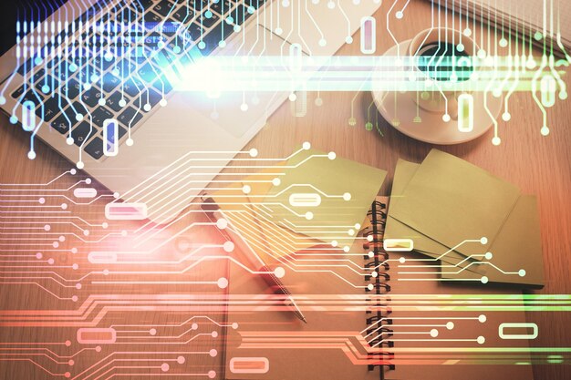 Doble exposición del holograma de dibujo del tema de datos sobre el fondo de la mesa de trabajo de vista superior con concepto de tecnología de computadora