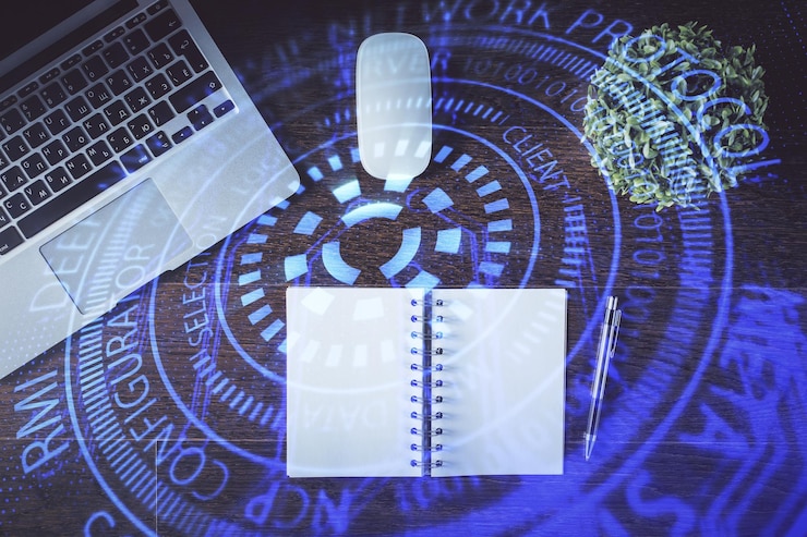 Foto doble exposición del holograma de dibujo del tema de datos sobre el fondo de la mesa de trabajo de vista superior con concepto de tecnología de computadora