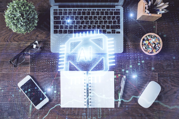 Foto doble exposición del holograma de dibujo del tema de datos sobre el fondo de la mesa de trabajo de vista superior con concepto de tecnología de computadora