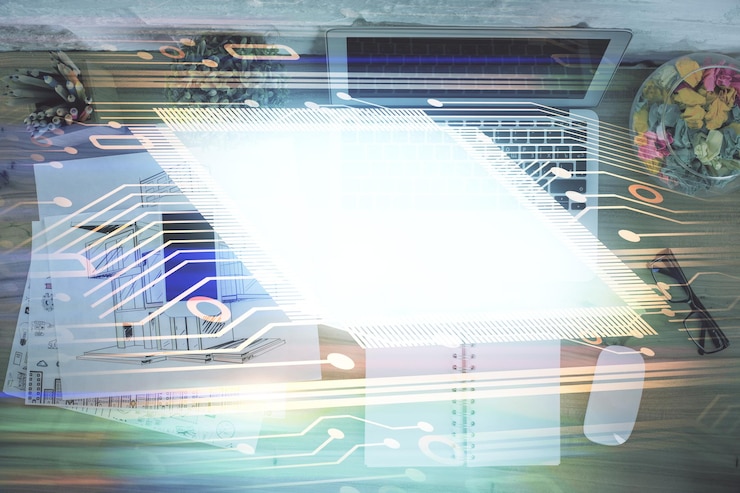 Foto doble exposición del holograma de dibujo del tema de datos sobre el fondo de la mesa de trabajo de vista superior con concepto de tecnología de computadora