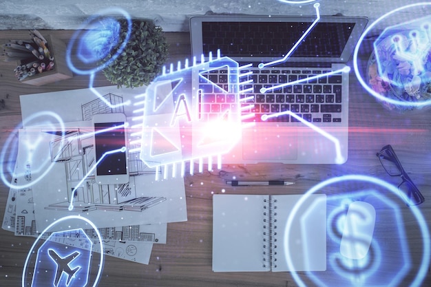 Doble exposición del holograma de dibujo del tema de datos sobre el fondo de la mesa de trabajo de vista superior con concepto de tecnología de computadora