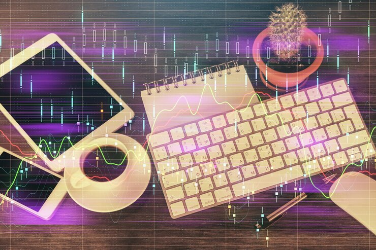 Foto doble exposición del holograma del gráfico forex sobre el escritorio con el teléfono vista superior concepto de plataforma de comercio móvil