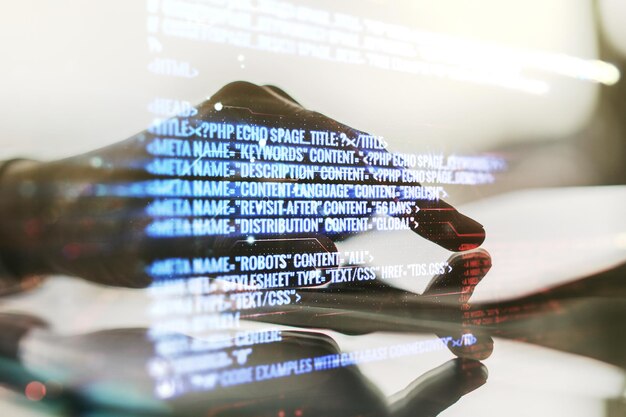 Doble exposición de un holograma de lenguaje de programación abstracto con clics de dedos en una tableta digital sobre el concepto de investigación y desarrollo de fondo