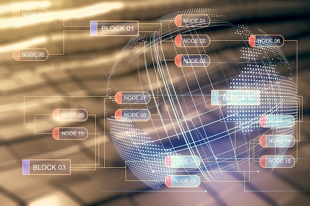 Doble exposición del holograma del lenguaje de programación abstracto y el mapa mundial sobre el concepto de investigación y desarrollo de fondo de metal borroso