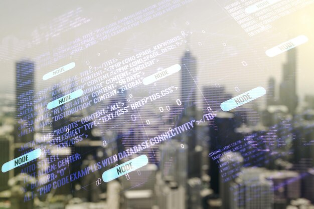 Doble exposición del holograma del lenguaje de programación abstracto y el mapa del mundo en el concepto de investigación y desarrollo de fondo del paisaje urbano borroso