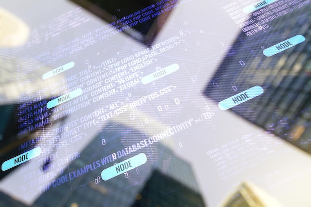 Doble exposición del holograma del lenguaje de programación abstracto y el mapa del mundo en el concepto de investigación y desarrollo de fondo de rascacielos modernos