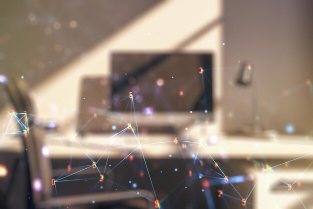 Doble exposición de holograma de tecnología y escritorio moderno con computadora portátil en segundo plano Concepto de software de investigación y desarrollo