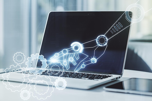 Doble exposición del holograma de tecnología robótica en el fondo de la computadora portátil Concepto de software de investigación y desarrollo