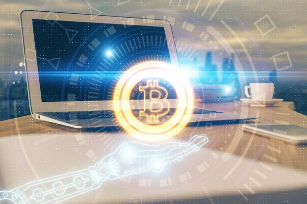 Doble exposición del holograma del tema blockchain y la tabla con fondo de computadora Concepto de la moneda criptográfica bitcoin