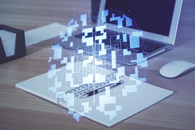 Doble exposición de holograma temático de computadora y tecnología Concepto de trabajo independiente