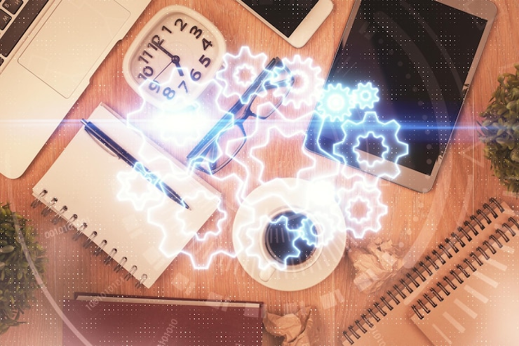 Foto doble exposición del holograma temático de negocios en el escritorio con teléfono vista superior concepto de conexión de comercio internacional móvil