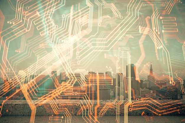 Doble exposición del holograma temático tecnológico y el paisaje urbano de fondo Concepto de alta tecnología