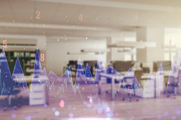 Doble exposición de hologramas de datos estadísticos creativos abstractos en un concepto de análisis y previsión de antecedentes interiores de oficinas modernas amuebladas