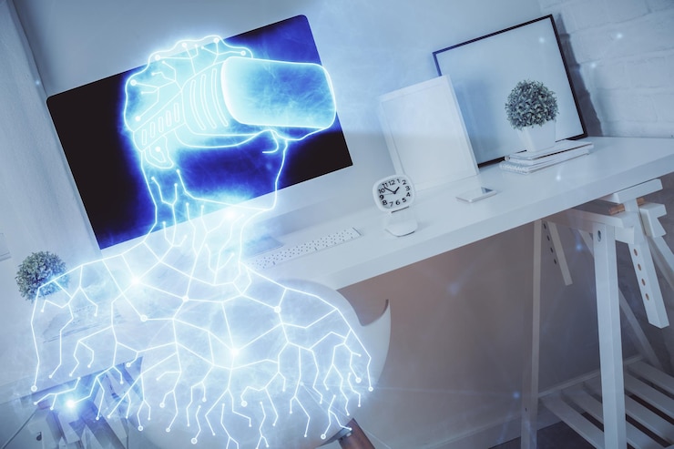 Foto doble exposición del hombre con gafas vr dibujando y fondo interior de oficina concepto de ar