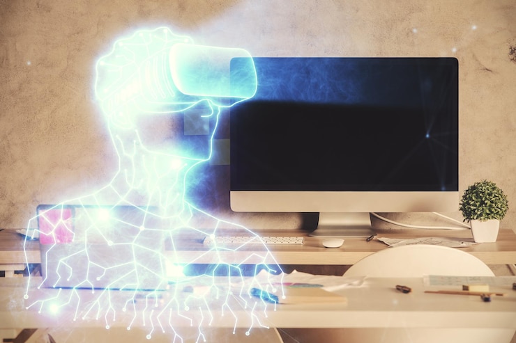 Foto doble exposición del hombre con gafas vr dibujando y fondo interior de oficina concepto de ar