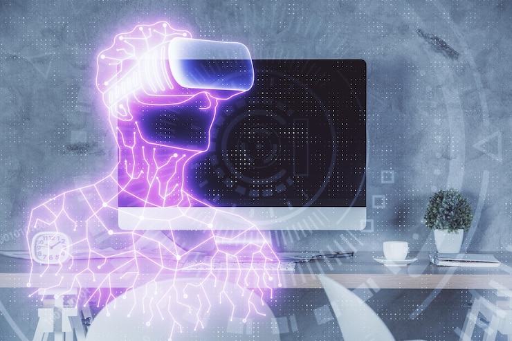 Foto doble exposición del hombre con gafas vr dibujando y fondo interior de oficina concepto de ar