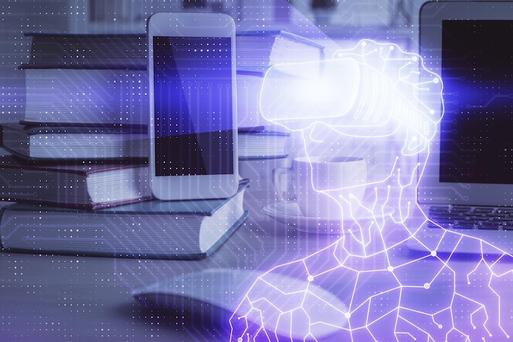 Foto doble exposición del hombre con gafas vr dibujando y fondo de teléfono móvil concepto de realidad ar