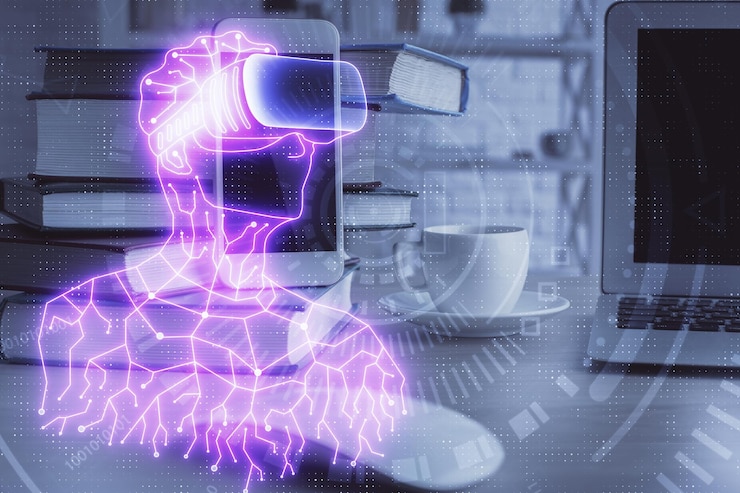 Foto doble exposición del hombre con gafas vr dibujando y fondo de teléfono móvil concepto de realidad ar