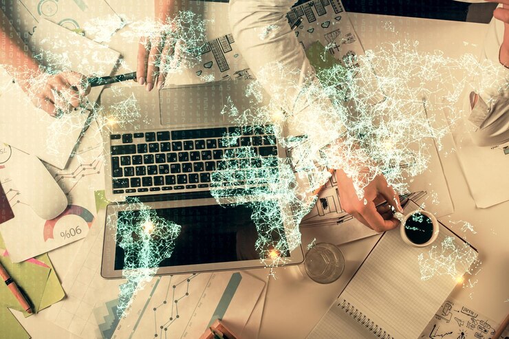 Foto doble exposición de hombre y mujer trabajando juntos y tema de red social holograma dibujo concepto de conexión de personas fondo de computadora