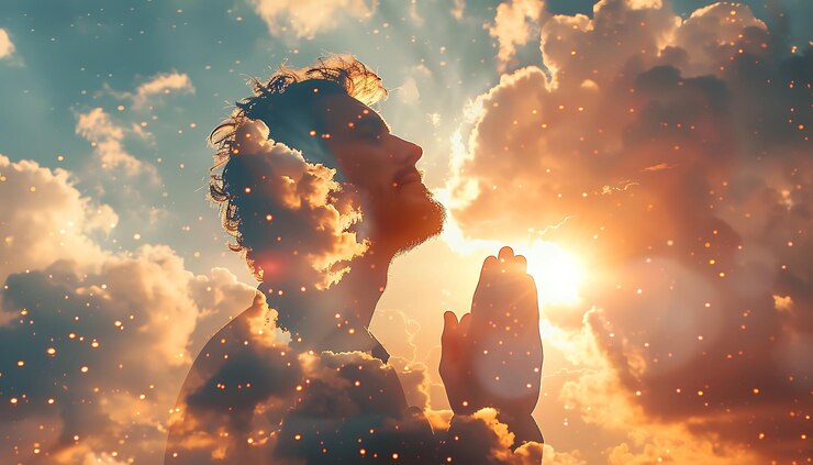 La doble exposición de un hombre que ora por una conexión espiritual