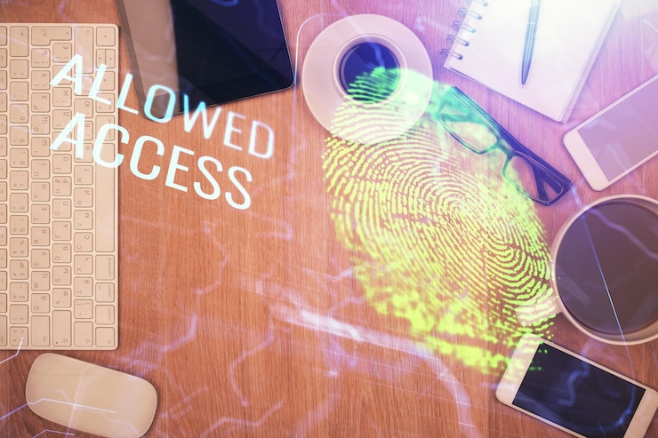 Foto doble exposición de la huella digital sobre la mesa con el teléfono vista superior concepto de seguridad móvil