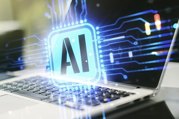 Doble exposición del icono creativo de inteligencia artificial con una computadora portátil moderna en el fondo Redes neuronales y concepto de aprendizaje automático