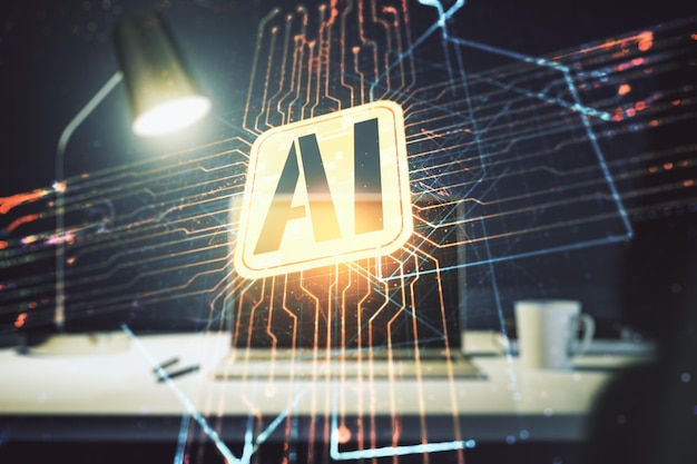 Doble exposición del icono creativo de inteligencia artificial con una computadora portátil moderna en el fondo Redes neuronales y concepto de aprendizaje automático