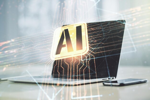 Doble exposición del icono creativo de inteligencia artificial con una computadora portátil moderna en el fondo Redes neuronales y concepto de aprendizaje automático