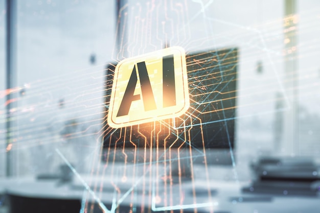 Doble exposición del icono creativo de inteligencia artificial con una computadora portátil moderna en el fondo Redes neuronales y concepto de aprendizaje automático