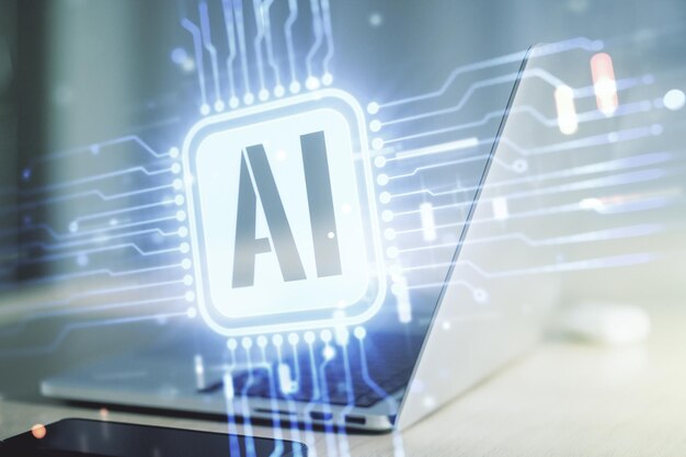 Doble exposición del icono creativo de inteligencia artificial con una computadora portátil moderna en el fondo Redes neuronales y concepto de aprendizaje automático