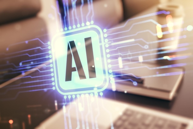 Doble exposición del icono creativo de inteligencia artificial con una computadora portátil moderna en el fondo Redes neuronales y concepto de aprendizaje automático