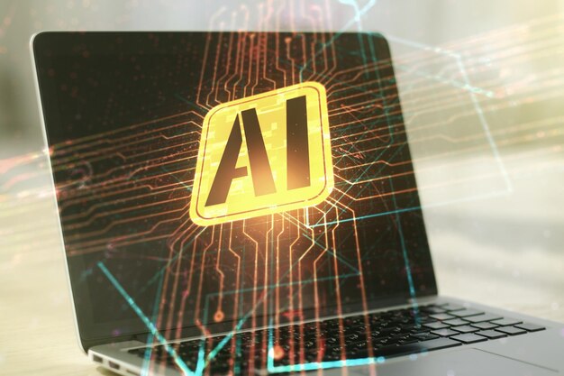 Doble exposición del icono creativo de inteligencia artificial con una computadora portátil moderna en el fondo Redes neuronales y concepto de aprendizaje automático