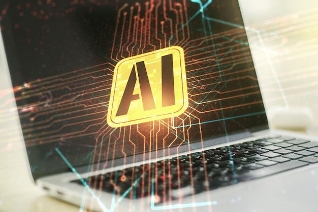 Doble exposición del icono creativo de inteligencia artificial con una computadora portátil moderna en el fondo Redes neuronales y concepto de aprendizaje automático