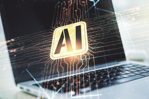 Doble exposición del icono creativo de inteligencia artificial con una computadora portátil moderna en el fondo Redes neuronales y concepto de aprendizaje automático