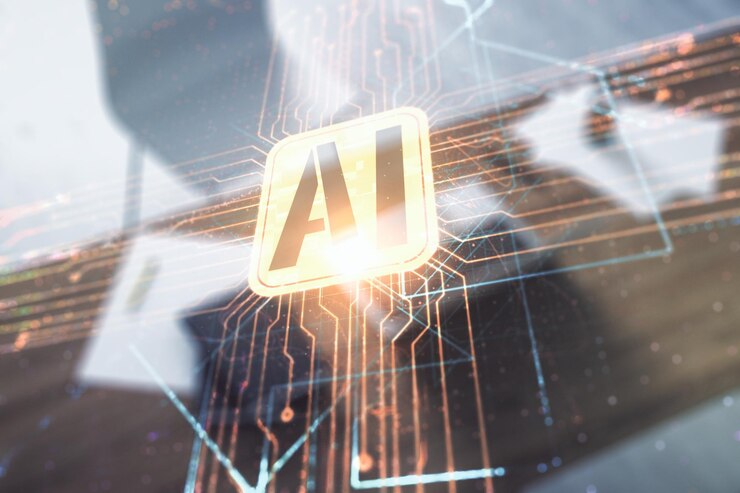 Foto doble exposición del icono creativo de inteligencia artificial y escritorio moderno con computadora portátil en segundo plano redes neuronales y concepto de aprendizaje automático