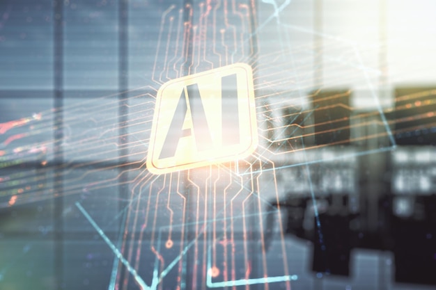 Doble exposición del icono de la inteligencia artificial creativa en el fondo de una sala de reuniones moderna Redes neuronales y concepto de aprendizaje automático