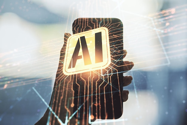 Doble exposición del icono de la inteligencia artificial creativa y la mano con el teléfono celular en el fondo Redes neuronales y el concepto de aprendizaje automático