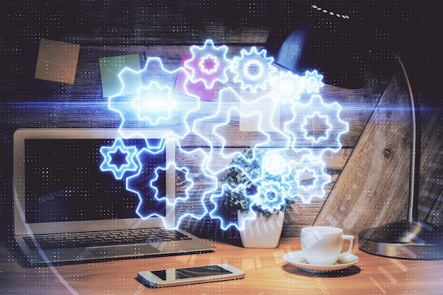 Doble exposición de iconos temáticos de negocios y espacio de trabajo con fondo de computadora Concepto de éxito