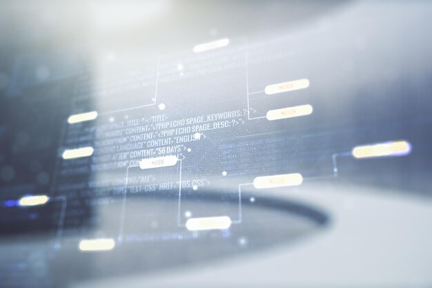 Doble exposición de una ilustración abstracta de programación creativa en el fondo interior de una habitación vacía, concepto de big data y blockchain