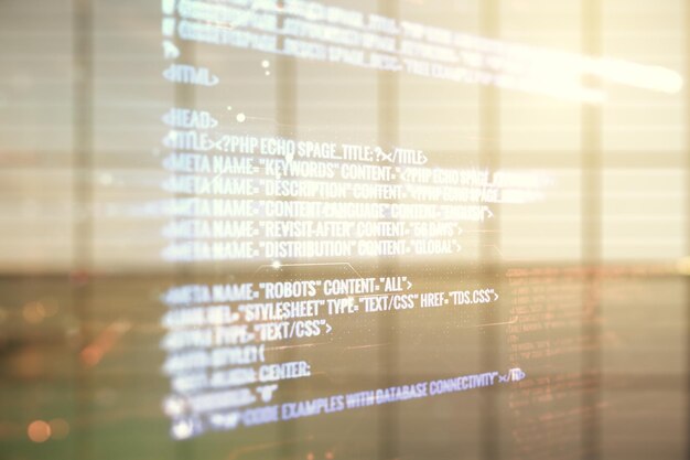 Doble exposición de una ilustración abstracta de programación creativa en el fondo interior de una habitación vacía, concepto de big data y blockchain